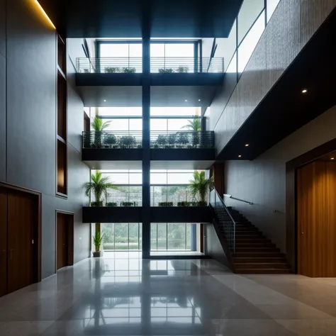 double-height hall next to a staircase that is divided into two passages, curved walls and an elevator, modernist, futuristic, reception, flower pots, large windows, screens, integration with the environment