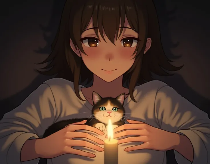 Pov view,  Cat view point, Cat perspective, Cat hands ,a kitty calico cat , 1 cat put on owner breasts, Owner is  Japanese girl , (middle hair, brown hair, fringe, little smiling) ,dark room, 1 candle lighting, ( textured skin , HI detailed skin, foreshort...