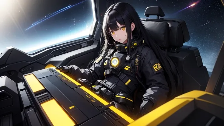 from future intelligence、background technology、complex mission, unexpected idea, result sudden, confident look、space black pioneer dress、yellow eyes、black hair
