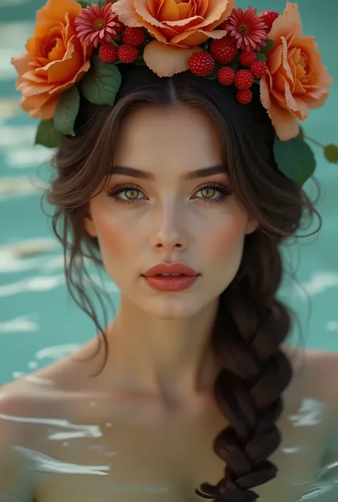 1 woman , 30 years old , makeup , big lips,portrait , anfaz , temptation , brown hair, side braid, on the head is a wreath of large flowers , Berries , in the background there is a reflection of water, Minimalism, Filling an image, high detail, quality, Ve...