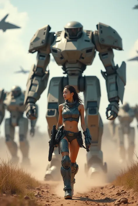 สาวเอเชียอายุ 18 ปี, completely nude, ขาแยกออกจากกัน, The image depicts a futuristic, sci-fi battle scene. In the foreground, a woman dressed in advanced, armored combat gear walks confidently, holding a large, high-tech weapon. Behind her are massive, tow...