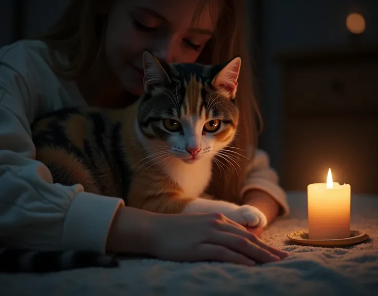 Cat Pov view,  a  calico Cat perspective, Cat hands only  , 1 cat sitting 1 girl on  stomach, dark room, 1 candle lighting, ( textured skin , HI detailed skin, foreshortening, Canon, anatomically correct, super detail, high details, highness).