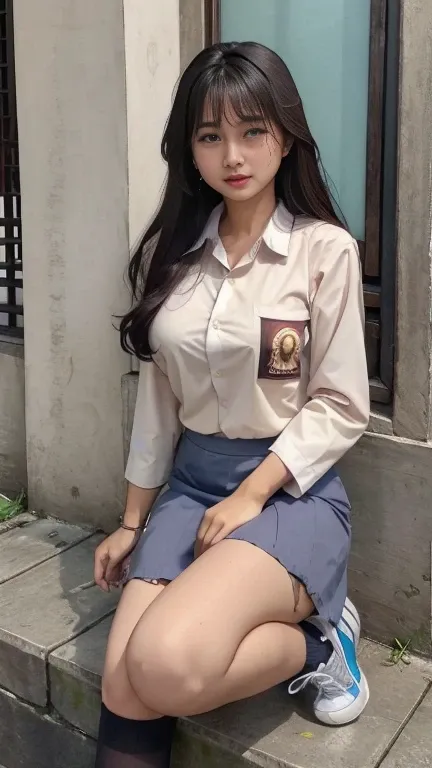 Beautiful fat Asian woman, , wearing a torn long-sleeved white junior high school shirt, shirt buttons open, showing breasts, bloody shirt, beaten by many people for stealing, no skirt, no pants, showing her vagina, standard school shoes. 
beaten by people...