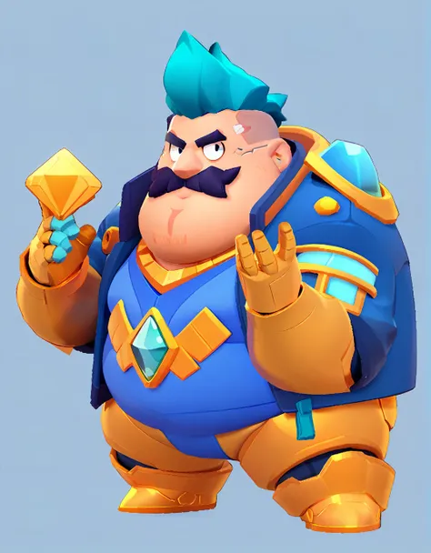 full body view, an obese businessman, in a blue suit, blue cyberpunk hairstyle and blue mustache, in gold armor encrusted with d...