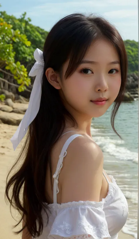 prettiest asian girl, the cutest asian girl, sweet asian girl on the beach, relaxing, age 9 with cute budding_breast, pale skin,...