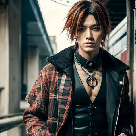 1 man, male, Japanese man, Visual Kai hairstyle, ultra detailed face and body, hyperrealistic, realistic representation, muscular, broad shoulders, tattoos gothic style, piercings, Visual Kei style, hairstyle Visual Kei, blond, long hair, 40 years old, age...