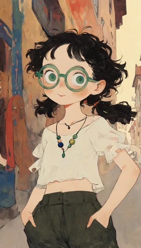 1 petit girl, drooping eyes, smile, little fat, frameless glasses, lethargy, black-green short low twintails hair, short bangs, very cute, necklace, shirt, pants, Decolletage, midriff peek, from front, Egon Schiele: Expressionism style, Peter Paul Rubens: ...