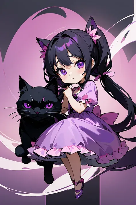 ((masterpiece 1.2)).Anime illustration、Chibi Princess、Black hair turns from black to purple、Purple eyes、cute、The hair tips are purple、5 talents、((Full body portrait)).((Black Cat)).((Twin tails)).((Pink Dress)).ribbon、((Chibi character)、