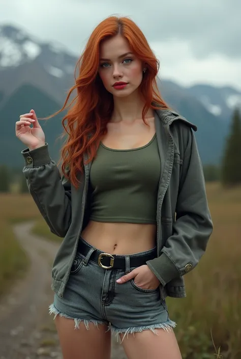 1 beautiful Russian woman,beautiful detailed green eyes,beautiful detailed dark red lips,extremely detailed face and long eyelashes,red hair,small grey jacket,green simple crop tank top,black leather belt,grey denim mini shorts,thin flat black slider slipp...