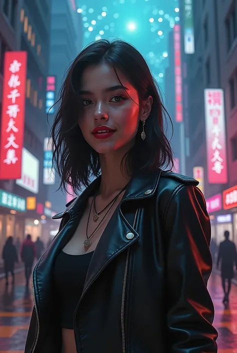 Realistic, Girl in leather jacket smiling with bright red lips posing against bizarre background, Cyberpunk City, illuminated by fractal light.
