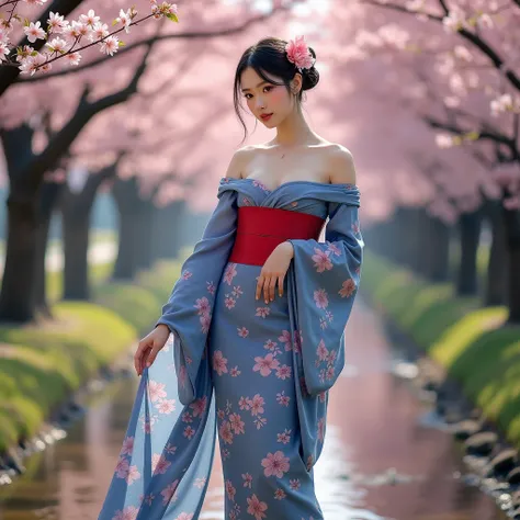 a full body shot of a beautiful young japanese woman wearing an off-shoulder kimono with red girdle,1woman,detailed face,beautiful big eyes,beautiful lips,heavy makeup,porcelain skin,elegant blue kimono with cherry blossom pattern,wooden sandals,tied hair ...