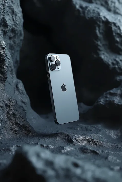 C4D modeling，OC rendering，iPhone floating in the air，The background is rock，Advanced dark tones，Commercial Photography