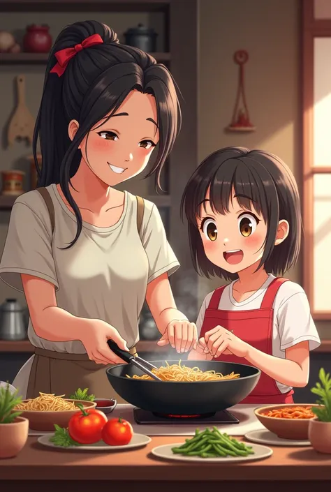 Anime Mother Daughter Chinese Food、The daughter who is cooking Chinese food is an elementary school student.