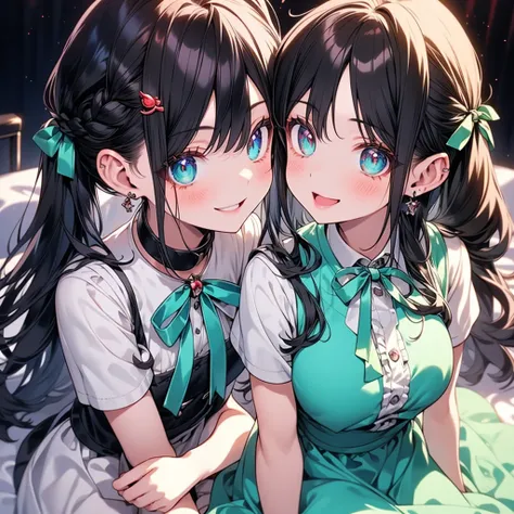 A beautiful girl in blue dress sitting on bed with cat, anime girl, dress with ruffles, short sleeves, low-cut chest, big rounds breasts, dark brown hair, colored inner hair, green gradient hair, long bangs, french braid, hair intakes, long hair, twintails...