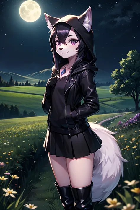 hairy girl,long black hair, violet eyes, short snout, little smile, purple gem on chest, long black jacket with hood, Black gloves, Short black skirt, black boots, wolf ears, wolf tail. (Meadow at night in the background)