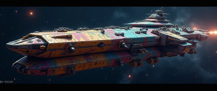 An full image of a long wide giant heavily armored futuristic flying all terrain warship, covered in rainbow batik pattern and glowing javanese runic symbols, multiple turrets, multiple missile banks, VTOL thrusters, retractable center cannon, space backgr...