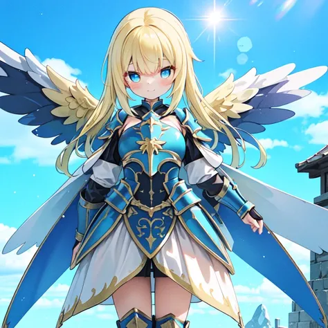 (((8k,masterpiece,Best Quality))), Highly detailed CG synthesis，Maxi Kit, whole body, Wide Shot,break、(((Cute angel flying in the blue sky))), Fantasy, Big angel wings, ,(blonde:1.6)，眩しいハイライトが入ったblondeの髪、Shiny bright hair, ,Long Hair,,Twin tails、Detailed f...