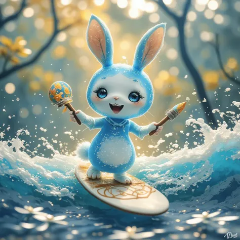 ink painting style，a cute blue and white rabbit，holding painting tools as weapons，smiley face，surfboard，sing，wave，dynamic，seaart