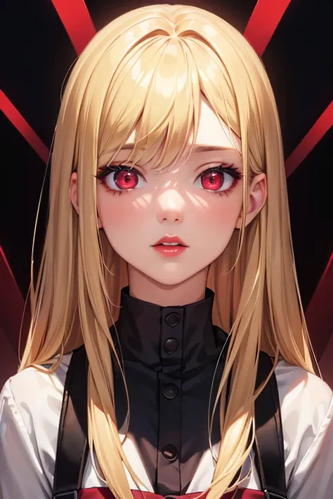 (Top quality and best,8k,High resolution,masterpiece:1.2),Digital Art, One Girl，Detailed face，Detailed eyes，Blonde，Long, straight hair，Red glowing eyes，Red lips，suspenders