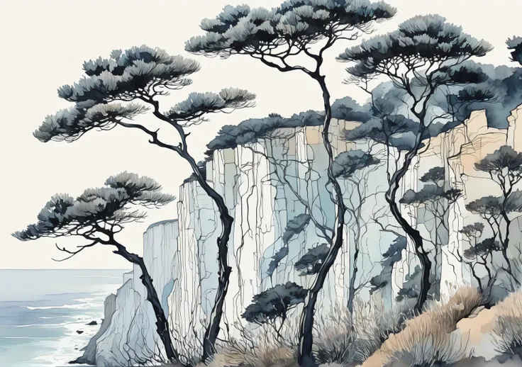 Close to the sea, trees growing near cliffs, ink painting patterns, pale colors.