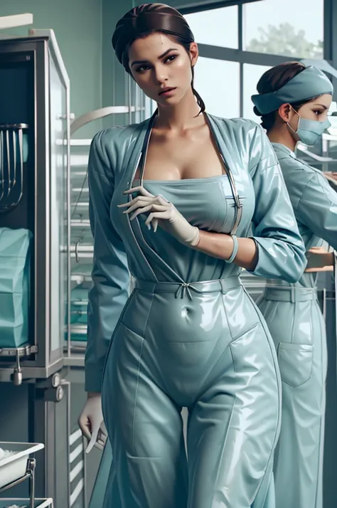 nurse uniform,hospital, latex nurse suit,nurses,busty,elbow gloves,labcoat,black hair woman,red eyes , gigantic ,medical instruments,asian nurse,two nurses,speculum,examination room,oversize ,big ass ,strap on, lay on table ,legs spreaded,giving birth,gyno...