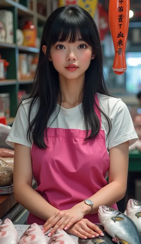 Woman, 37 years old, fish stand, black hair with bangs, pink apron, hyperrealistic