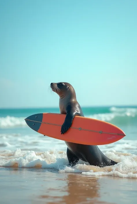 Side shot，A seal holding a surfboard moves from the beach to the sea, Seals are cute and determined, Colorful surfboards, The sea looks inviting under the gentle waves, The sky was clear and blue, There may be some foam on the water,Reality，Real scene shoo...