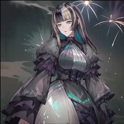 masterpiece,best quality,ultra detailed,Mother of pearl, Black Hair, Blonde highlights,  Gothic Dress, ,Grey Green Eyes, Mother of pearl sharp eyes ,((highly saturated colors)),,Large Breasts, ,Fireworks in the background,full body shot,(highly saturated c...