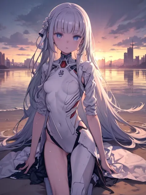 Best Quality,masterpiece,Girl with Powered Exoskeleton,Very long hair,Spread your hair,Ivory-colored hair,Wet,1 girl,hair,White skin,Bang,Looking down,Abandoned City,Dance in the Sand,desert,(evening),sunset,(whole body),Gunshot wounds,pain,Rotate,Hurt,Her...