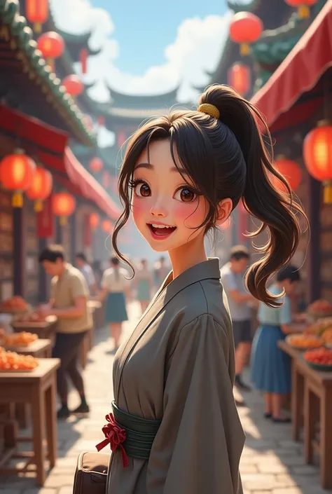 Chinese girl,Anime Characters, Gray coarse cloth robe, Laughter in traditional bazaar market,High ponytail, mixed hair, brown eyes，Background 80th century street vendor market