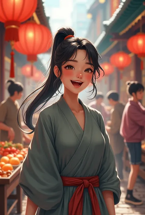 Chinese girl,Anime Characters, Gray coarse cloth robe, Laughter in traditional bazaar market,High ponytail, mixed hair, brown eyes，Background 80th century street vendor market