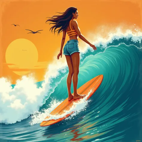 surf, retro illustration, highly detailed illustration. cover of surfer magazine, retro style art, retro poster, retro art style, standing on surfboards, she manipulates her board with skill. poster ; summer, hand drawn illustration, poster art style, conc...