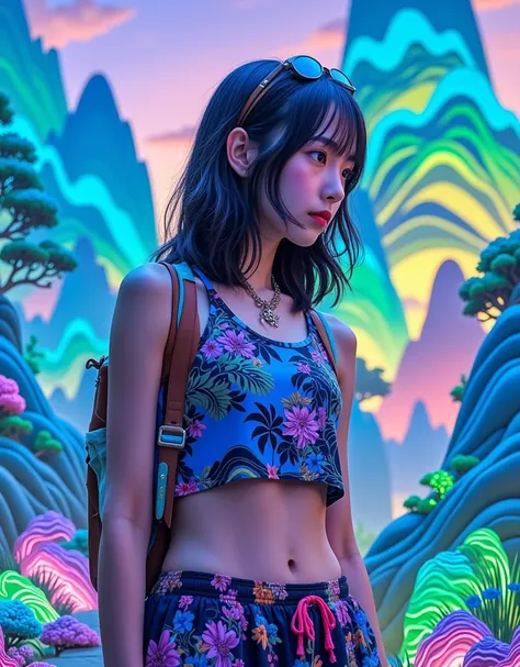 girl，On the go，Character Close-up，Immerse yourself in the three-dimensional landscape like the Thousand Miles of Rivers and Mountains，Incorporating cyberpunk-style colors，Fluorescent colors，Cinematic Lenses，Master Composition