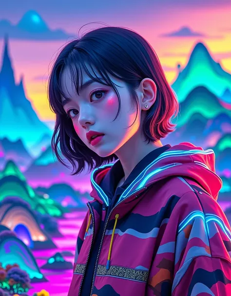 girl，On the go，Character Close-up，Immerse yourself in the three-dimensional landscape like the Thousand Miles of Rivers and Mountains，Incorporating cyberpunk-style colors，Fluorescent colors，Cinematic Lenses，Master Composition