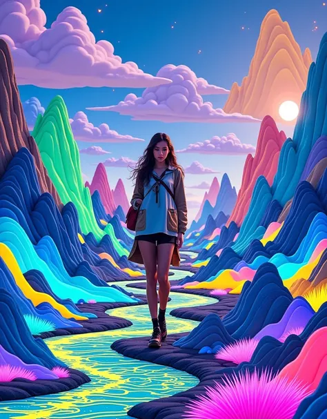 1girl, on the journey, close-up of the character, immersed in the three-dimensional landscape like a thousand-mile map of mountains and rivers, incorporating cyberpunk-style colors, fluorescent colors, movie lenses, and master composition