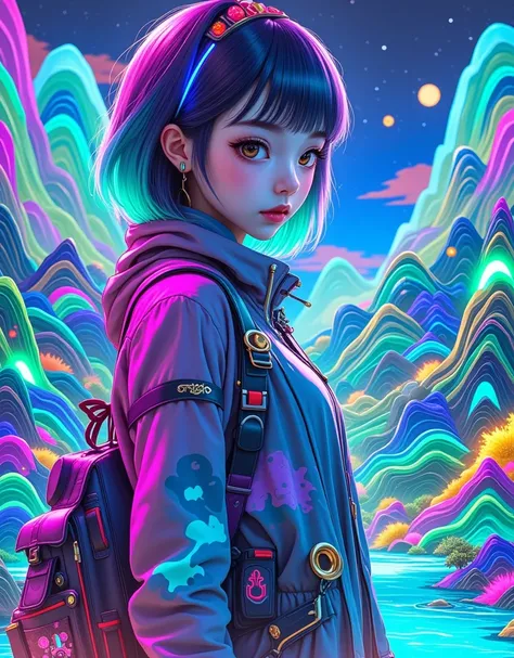 1girl, on the journey, close-up of the character, immersed in the three-dimensional landscape like a thousand-mile map of mountains and rivers, incorporating cyberpunk-style colors, fluorescent colors, movie lenses, and master composition