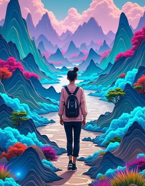 1boy, on the journey, close-up of the character, immersed in the three-dimensional landscape like a thousand-mile map of mountains and rivers, incorporating cyberpunk-style colors, fluorescent colors, movie lenses, and master composition