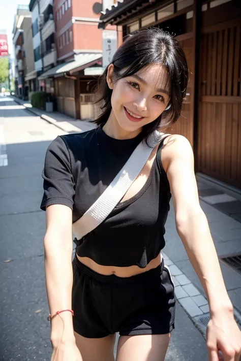 Best Quality, 8k, masterpiece, Photorealistic,((Selfie)),Realistic, 60 years old,Black underwear,((smile))Taking a walk,A beautiful Japanese woman with a half-Japanese look,Black underwear,Medium Hair,Facial wrinkles, ((Upper Body)),Medium Hair, (Viewer&#3...