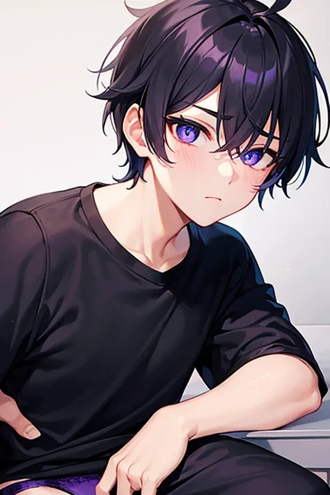 a boy, black t-shirt, purple briefs, beautiful eyes, soft skin