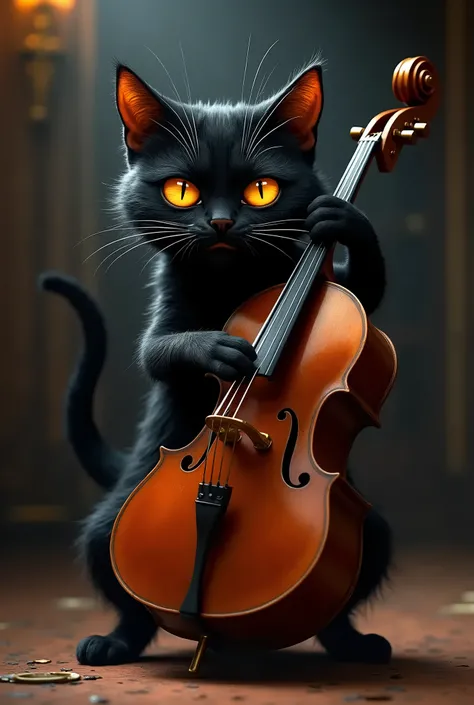 a black cat with bright orange eyes expressively plays the double bass, actively dancing and grimacing