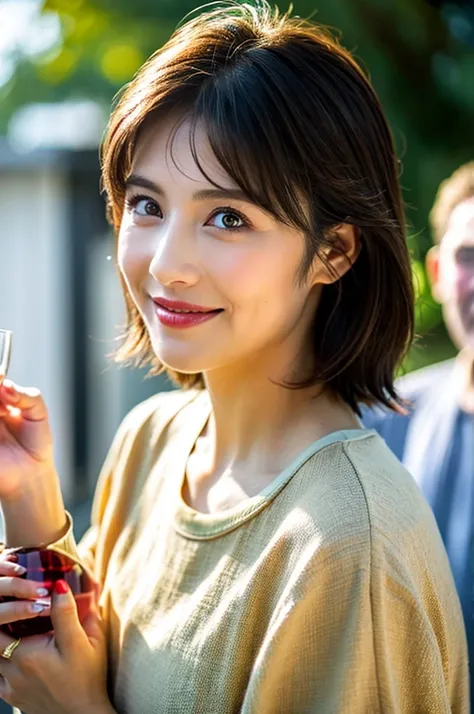 (Realistic, 超Realistic:1.4), 16K HDR, High resolution,((Wine Glasses)),(Wine bottle),((Champagne glasses)),Happy smile、short hair,The best smile、Japanese actress,so beautiful(It looks like the real thing),dress、red wine、White Wine、Sparkling wine、Slim coupl...