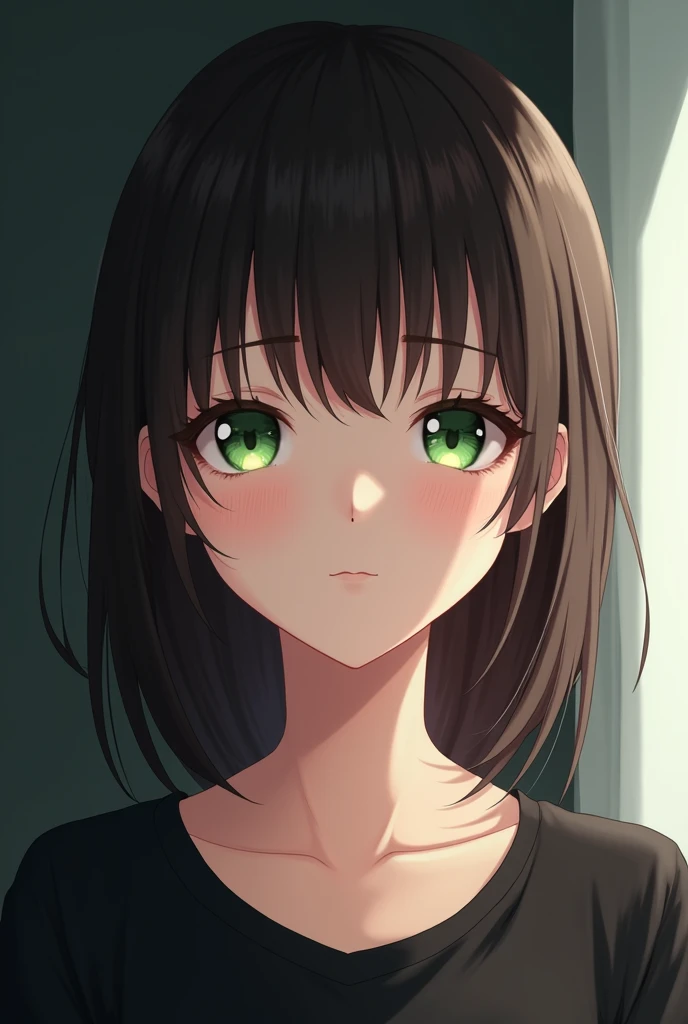 (waifu: Natalia), masterpiece, best quality, ultra-detailed, beautiful detailed ,__PROMPT__, delicate make-up, close-up portrait, 1girl, solo, asian, dark brown straight hair, green eyes, black t-shirt,natalia_kyou