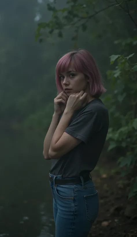 young woman,jeans,painful,drown in a swamp,Expressions of shame,gloomy ecstasy,dark atmosphere,grainy texture,a melancholic expression,mysterious aura,FOG BACKGROUND,subtle color palette,Revealing pose,strong emotions,Coming out of the abyss of despair,pie...