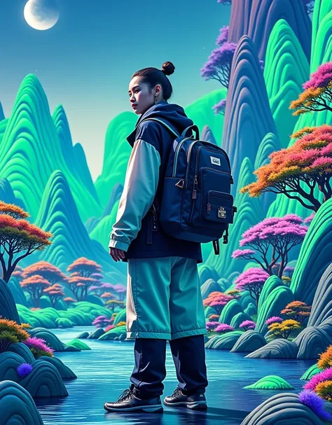 Anthropomorphism，panda，On the go，Cartoon animal close-up，Immerse yourself in the three-dimensional landscape like the Thousand Miles of Rivers and Mountains，Incorporating cyberpunk-style colors，Fluorescent colors，Cinematic Lenses，Master Composition