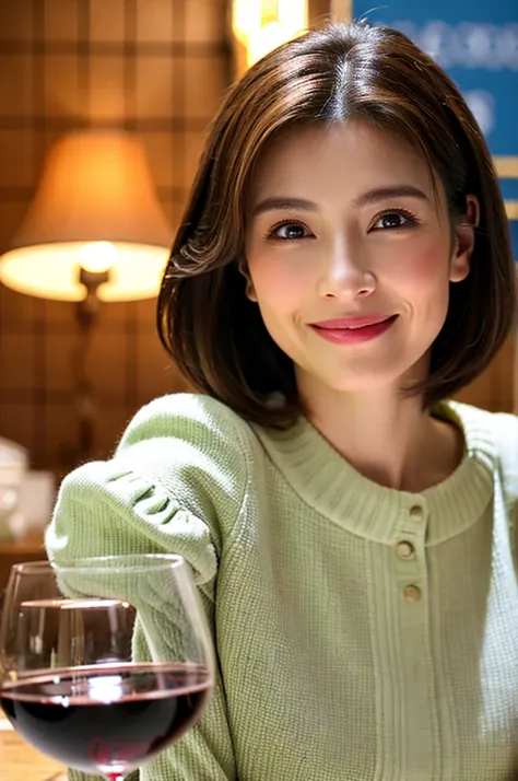 (Realistic, 超Realistic:1.4), 16K HDR, High resolution,((Wine Glasses)),(Wine bottle),((Champagne glasses)),Happy smile、short hair,The best smile、Japanese actress,so beautiful(It looks like the real thing),dress、red wine、White Wine、Sparkling wine、Slim coupl...