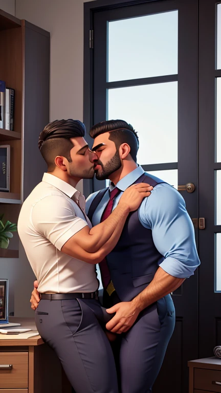 GTA game indian gay couplr business man characters doing kissing with huge bulge doing kissing together, eyes closed during kissing, a 35 years old indian beared spiky hairstyle desi muscular big brother bodybuilder hunk with Huge hot Muscled hunk, with mu...