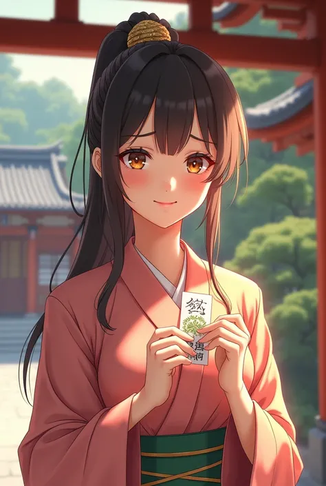 A very beautiful girl draws a fortune at a shrine、I got a lucky fortune on my fortune slip.、She has a happy, pleasant smile.。The fortune is great luck。Ultra HD 3D Anime HD