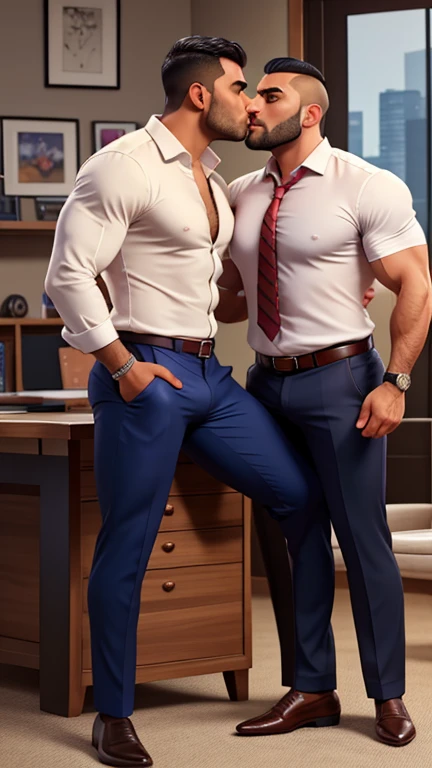 GTA game indian gay couplr business man characters doing kissing with huge bulge doing kissing together, eyes closed during kissing, a 35 years old indian beared spiky hairstyle desi muscular big brother bodybuilder hunk with Huge hot Muscled hunk, with mu...