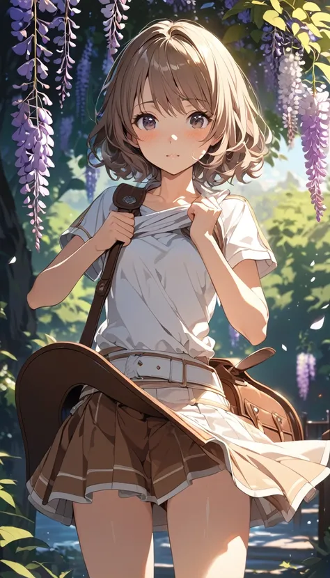 masterpiece, Best Quality, High resolution, Super detailed, Anime Style,  Fantasy, Wisteria flower, Light streaming in,  One Girl, solo, Cowboy Shot,  Cute face, Small breasts, Brown medium wave hair, break, Dark Eyes, break, Saddle Jacket, Mid-lift top, F...