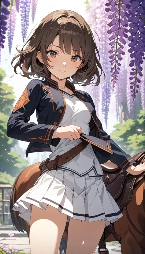 masterpiece, Best Quality, High resolution, Super detailed, Anime Style,  Fantasy, Wisteria flower, Light streaming in,  One Girl, solo, Cowboy Shot,  Cute face, Small breasts, Brown medium wave hair, break, Dark Eyes, break, Saddle Jacket, Mid-lift top, F...